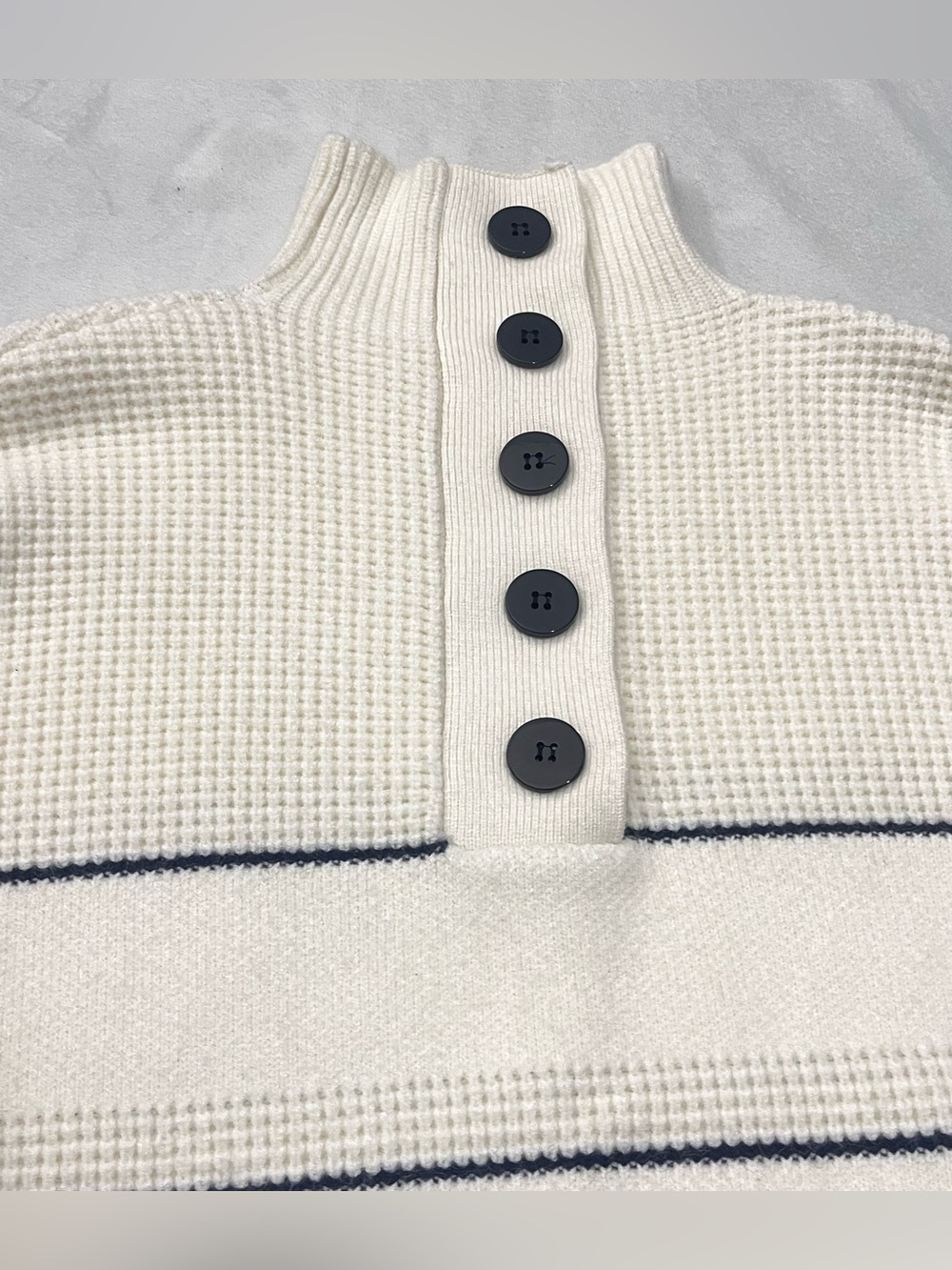 Vita Grace Cream and Navy Soft Thick Button Up Neck Waffle Sweater Women's Top - Picture 4 of 16